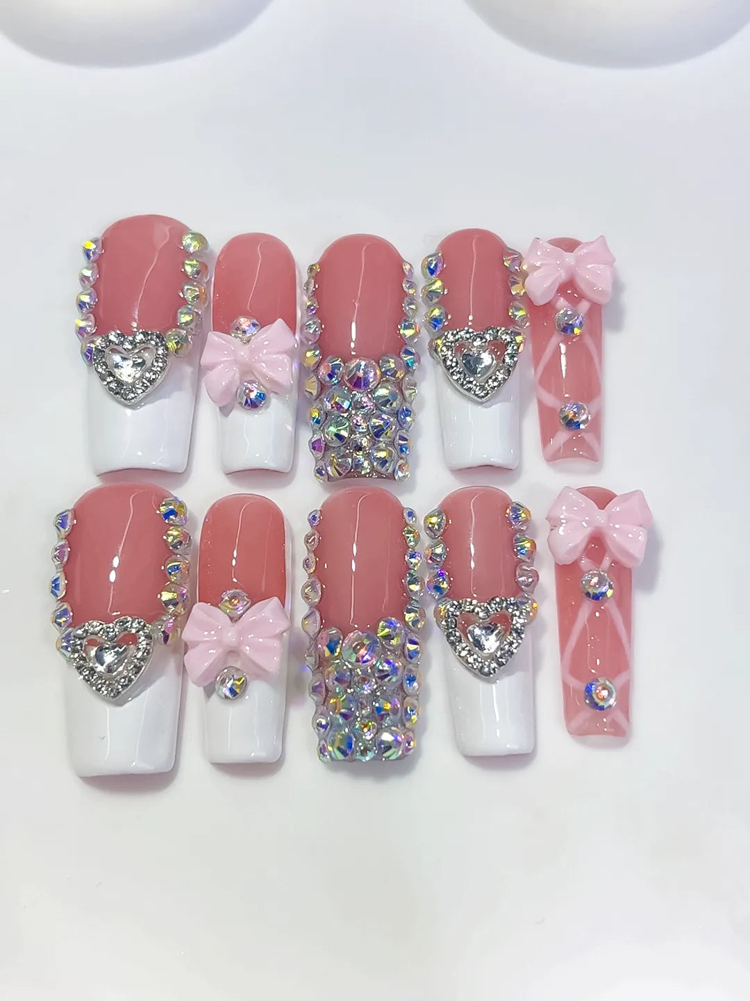 Long Pink White Square French tip Heart Bow