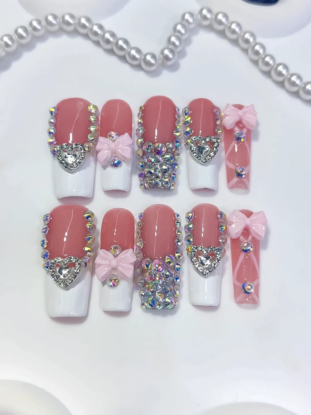 Long Pink White Square French tip Heart Bow
