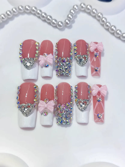 Long Pink White Square French tip Heart Bow