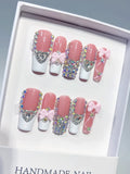 Long Pink White Square French tip Heart Bow