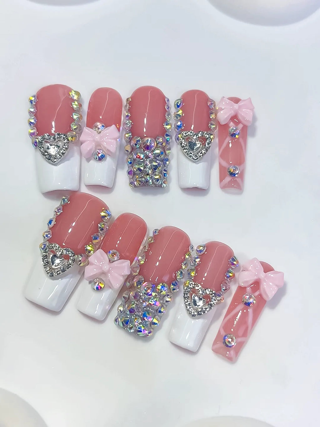 Long Pink White Square French tip Heart Bow