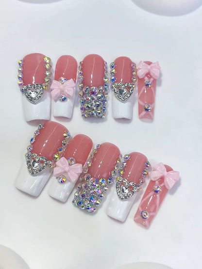 Long Pink White Square French tip Heart Bow