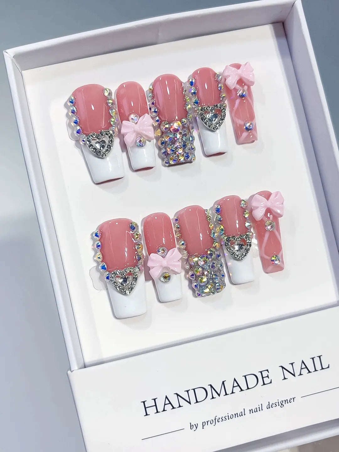 Long Pink White Square French tip Heart Bow