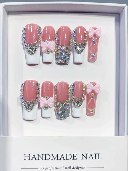 Long Pink White Square French tip Heart Bow