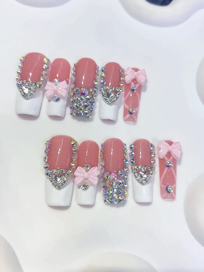 Long Pink White Square French tip Heart Bow