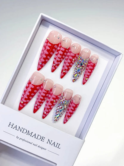 Long Red Pink Stiletto Abstract Rhinestone 3D