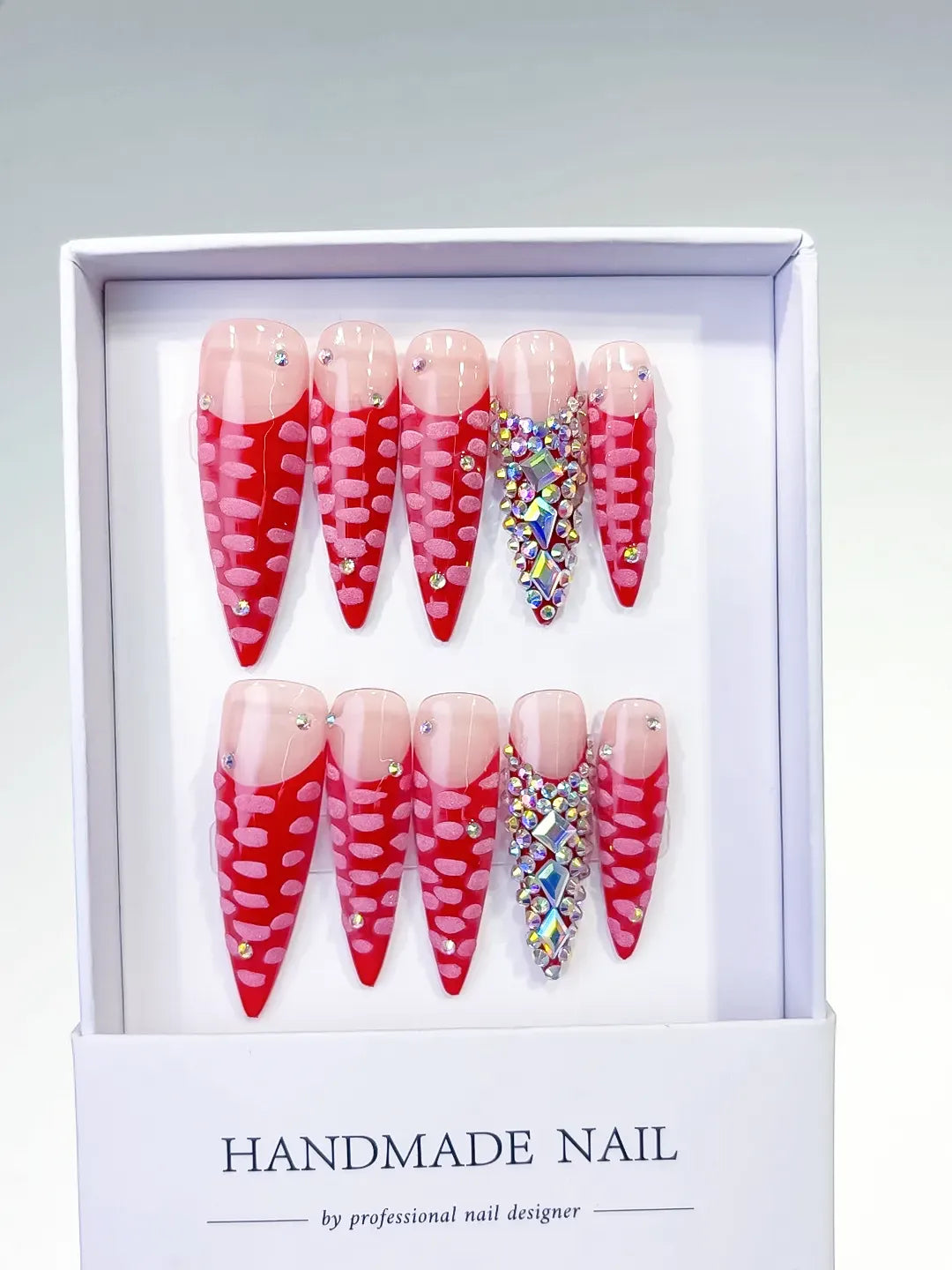 Long Red Pink Stiletto Abstract Rhinestone 3D