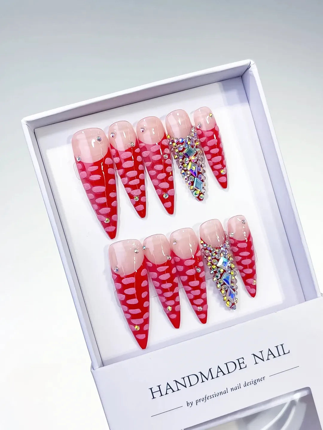 Long Red Pink Stiletto Abstract Rhinestone 3D