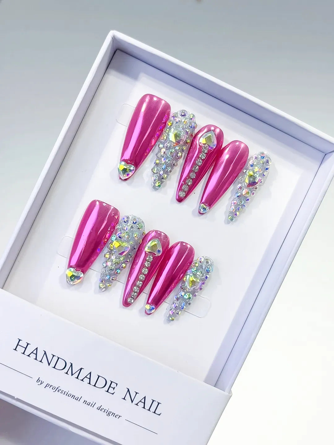 Long Pink Silver Stiletto Metallic Rhinestone