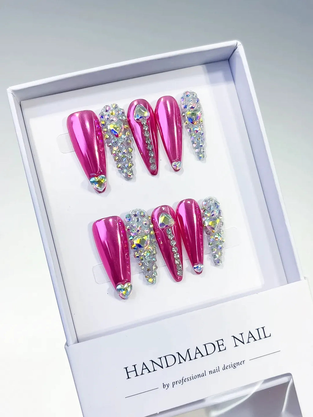 Long Pink Silver Stiletto Metallic Rhinestone