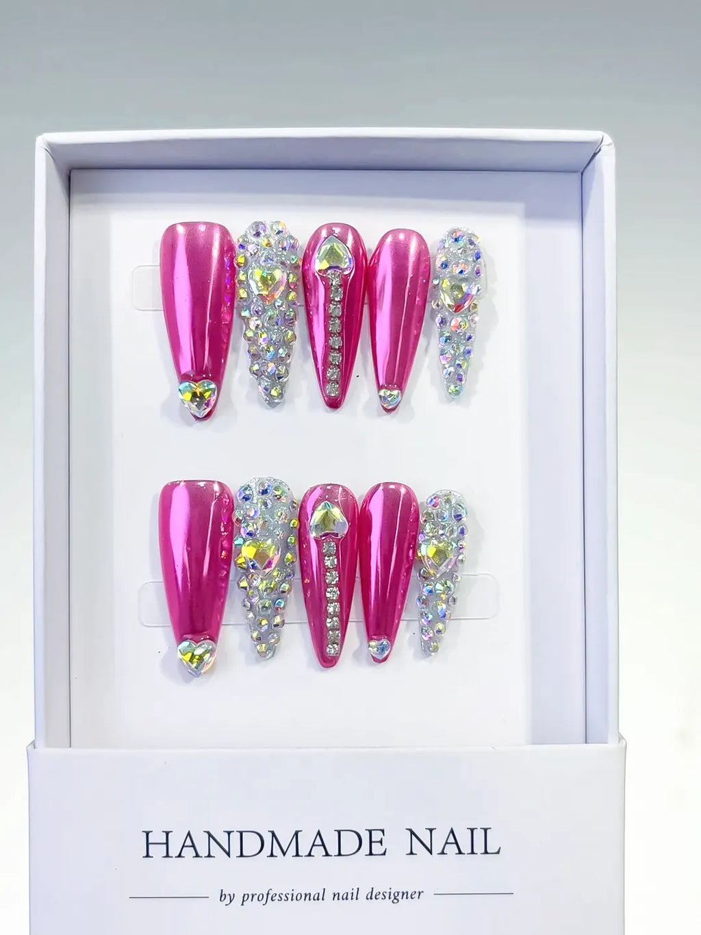 Long Pink Silver Stiletto Metallic Rhinestone