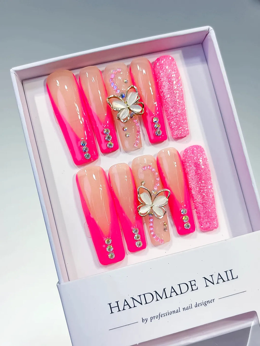 Long Pink Nude Square Ombre Butterfly Rhinestone
