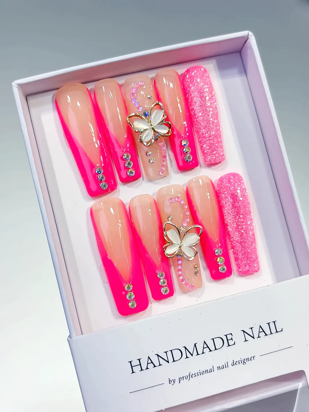 Long Pink Nude Square Ombre Butterfly Rhinestone