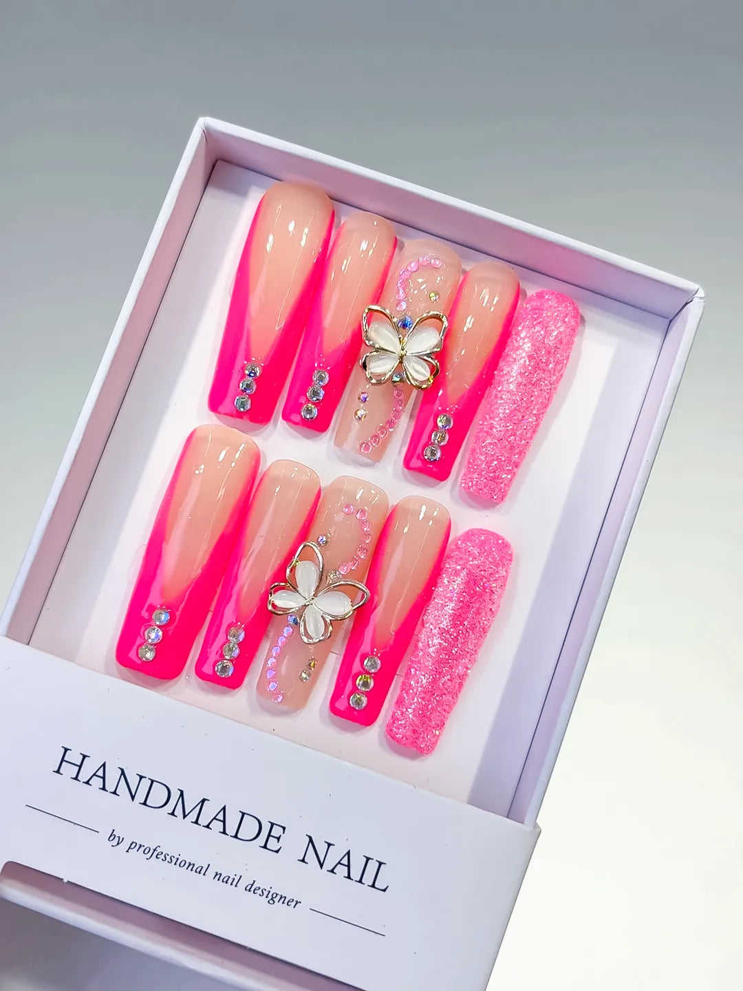 Long Pink Nude Square Ombre Butterfly Rhinestone