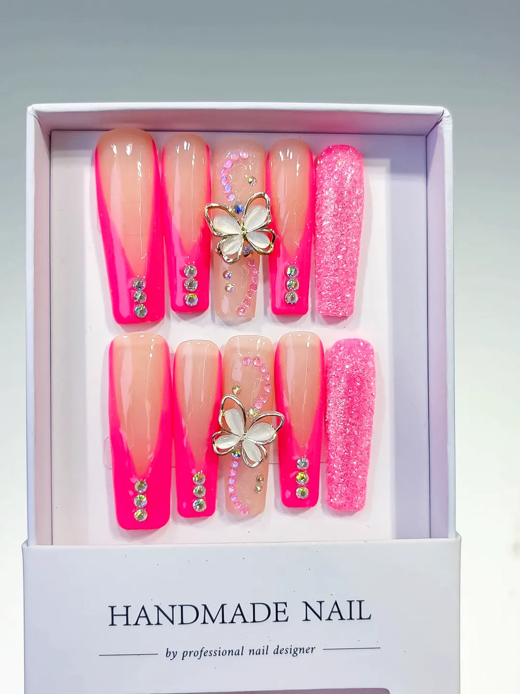 Long Pink Nude Square Ombre Butterfly Rhinestone