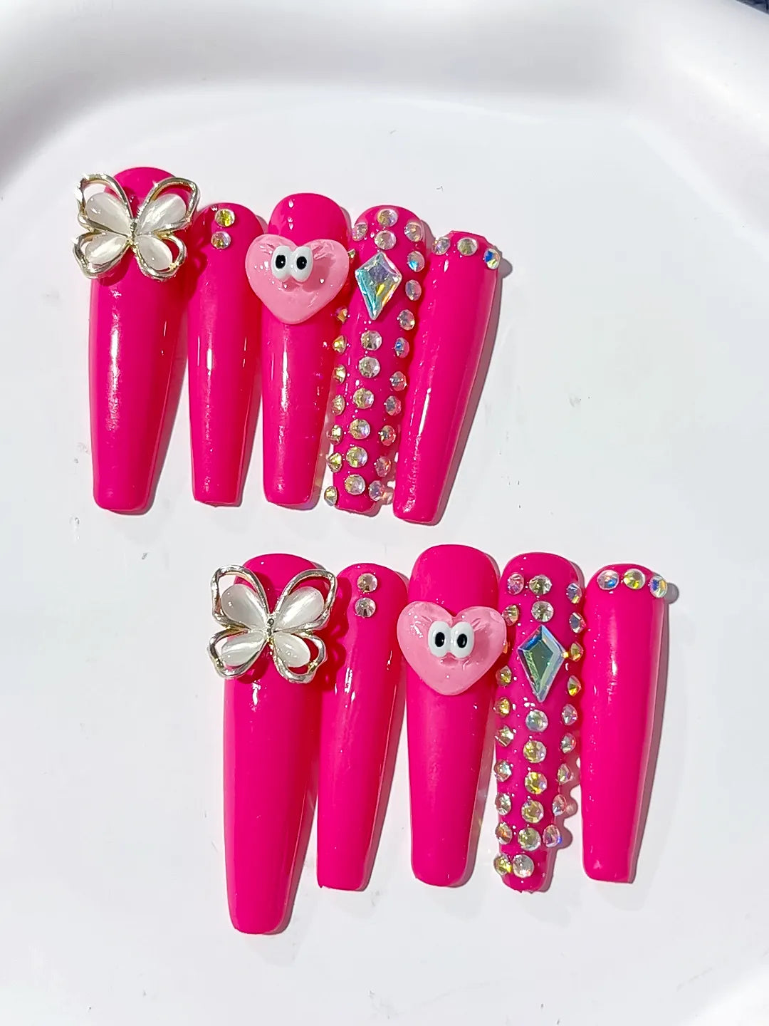 Long Pink Silver Coffin Solid color Heart Butterfly
