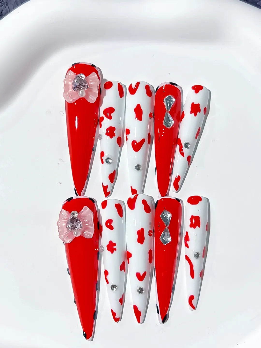 Long Red White Stiletto Abstract Flower Animal Print