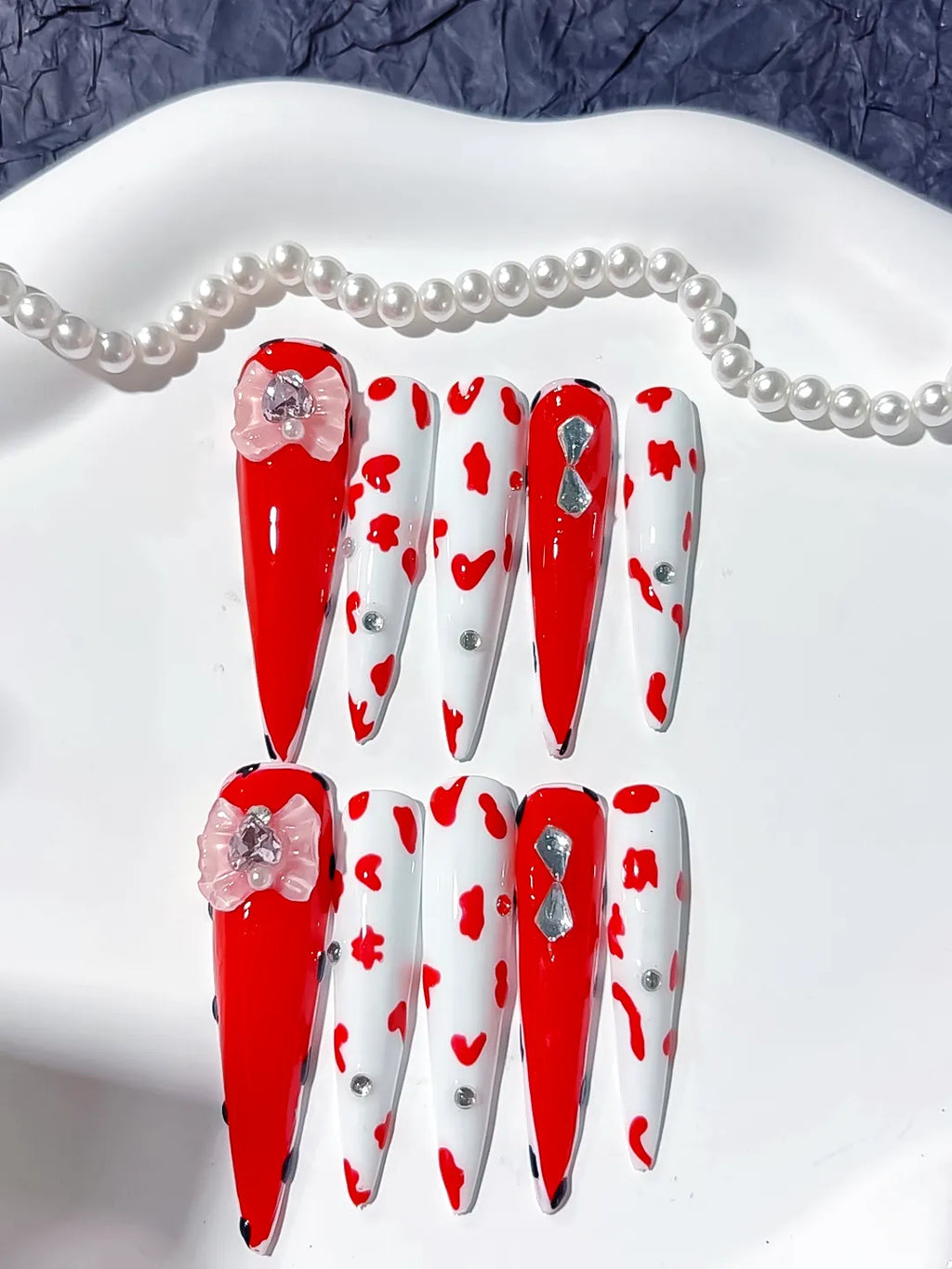 Long Red White Stiletto Abstract Flower Animal Print