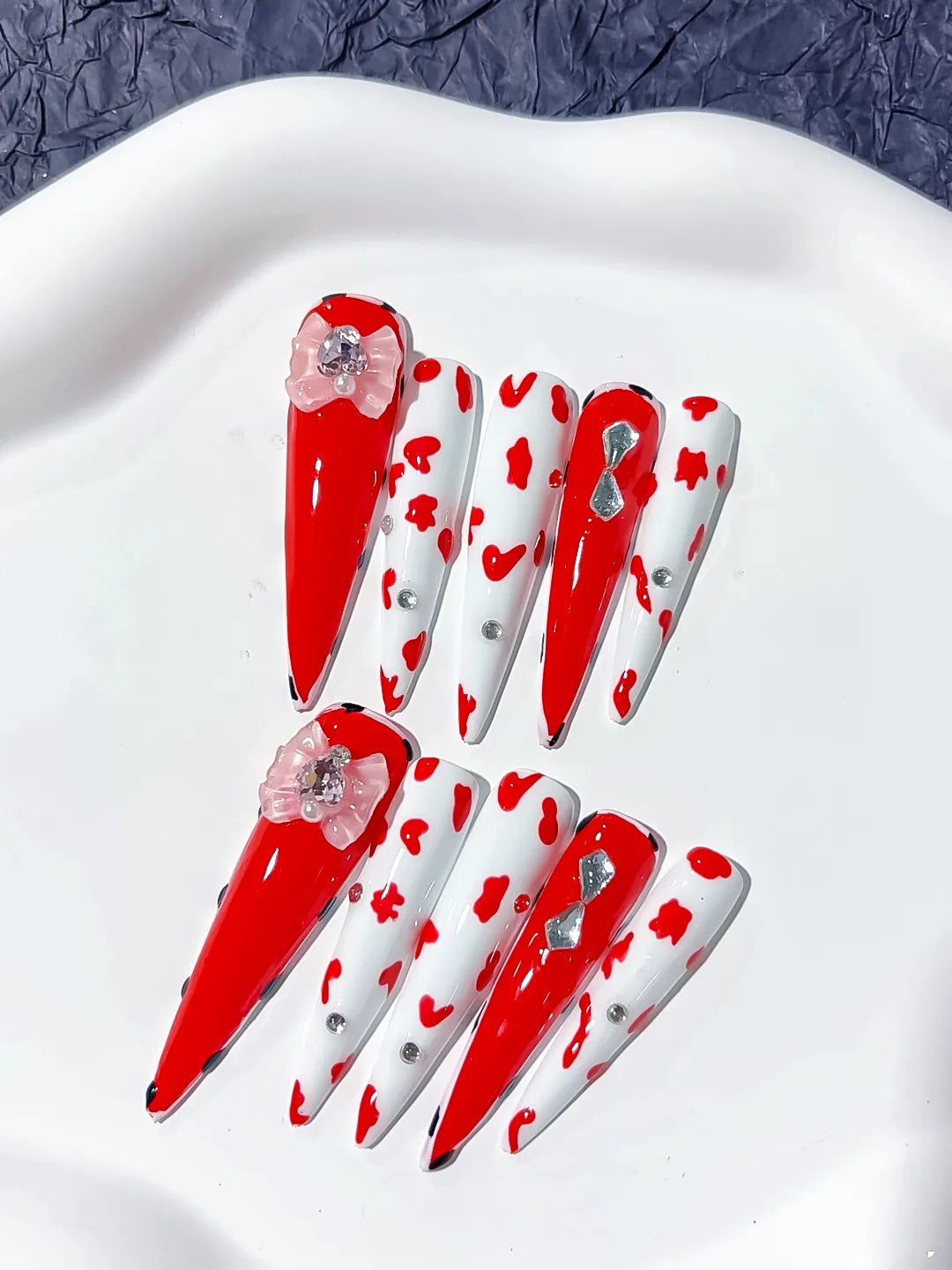 Long Red White Stiletto Abstract Flower Animal Print