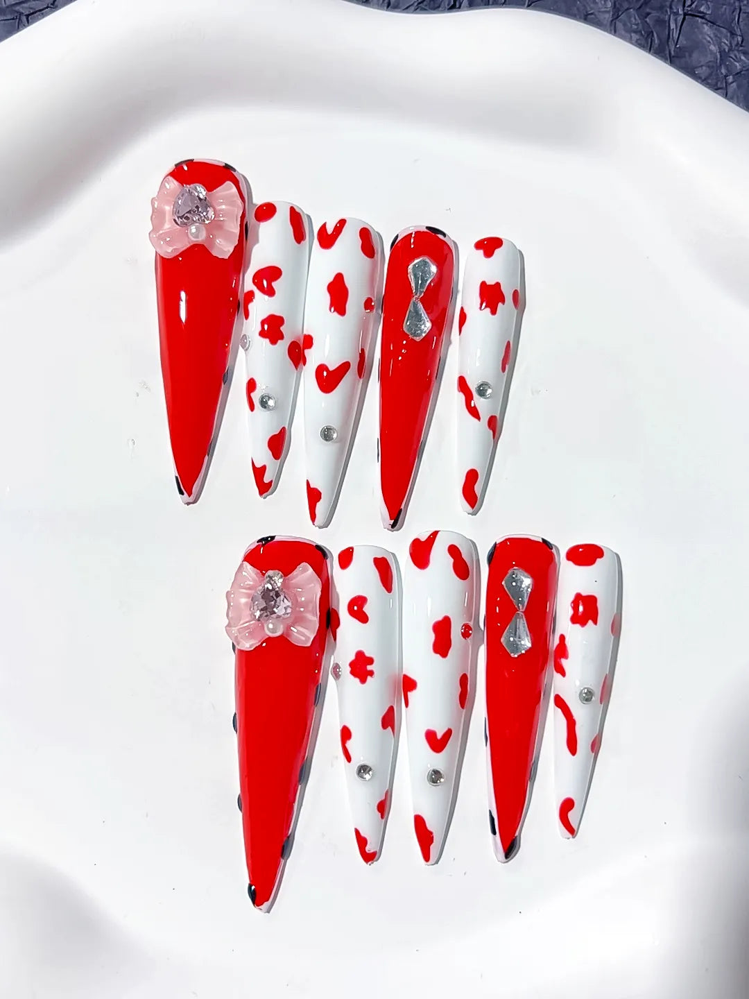Long Red White Stiletto Abstract Flower Animal Print