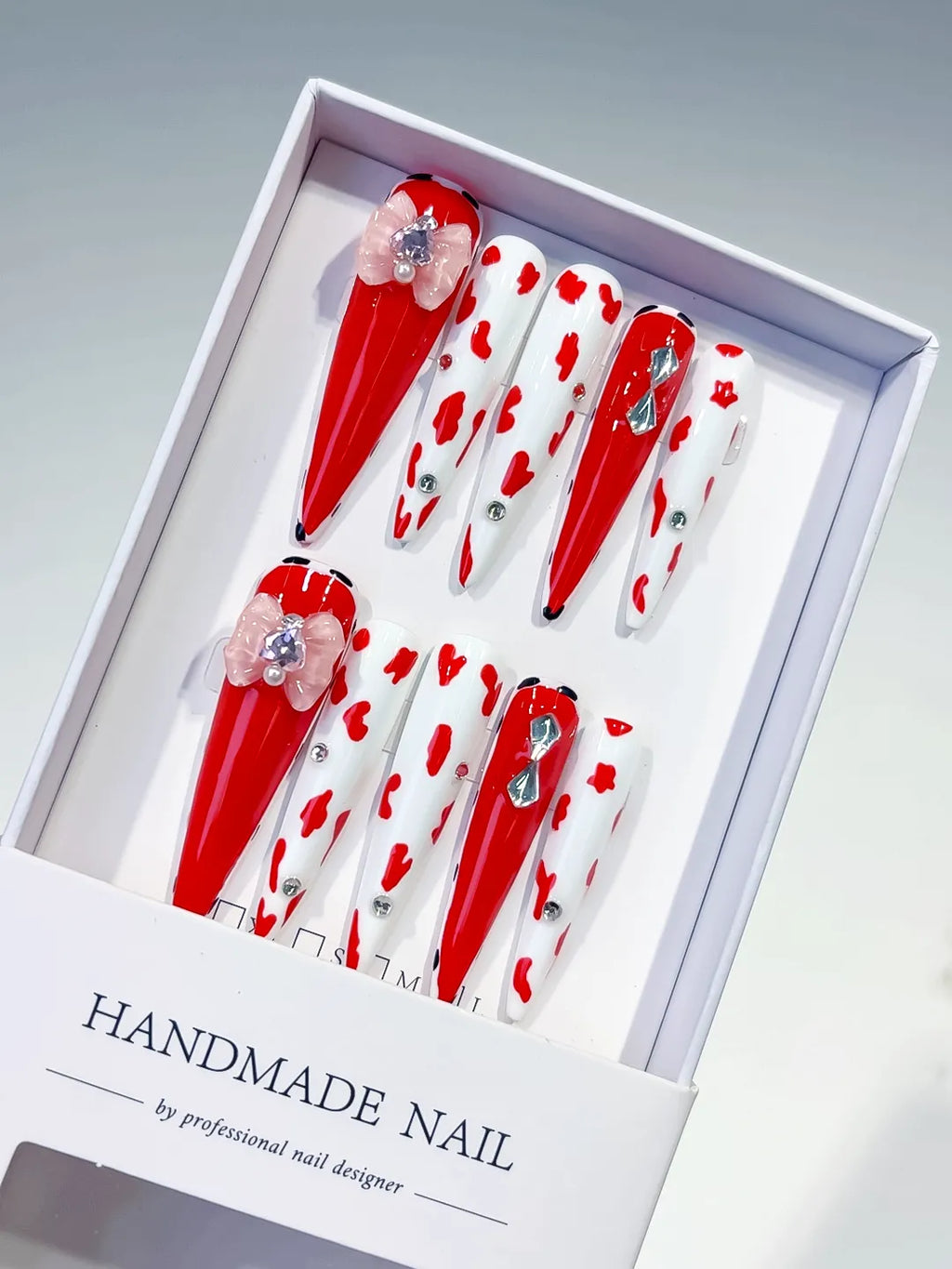 Long Red White Stiletto Abstract Flower Animal Print
