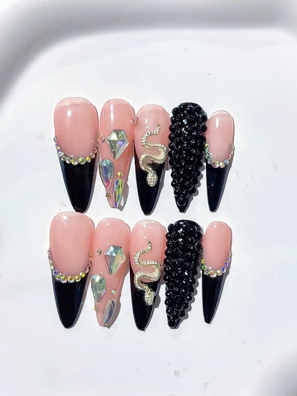 Long Nude Black Stiletto French tip Rhinestone Snake