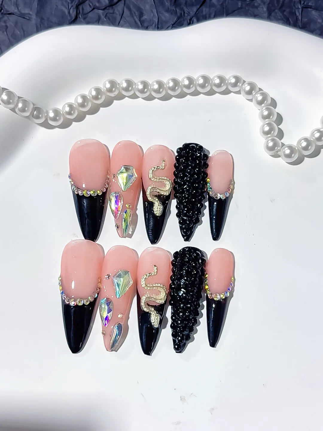 Long Nude Black Stiletto French tip Rhinestone Snake