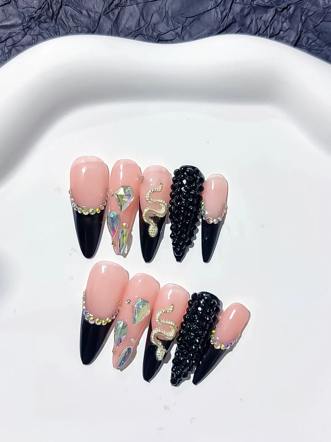 Long Nude Black Stiletto French tip Rhinestone Snake