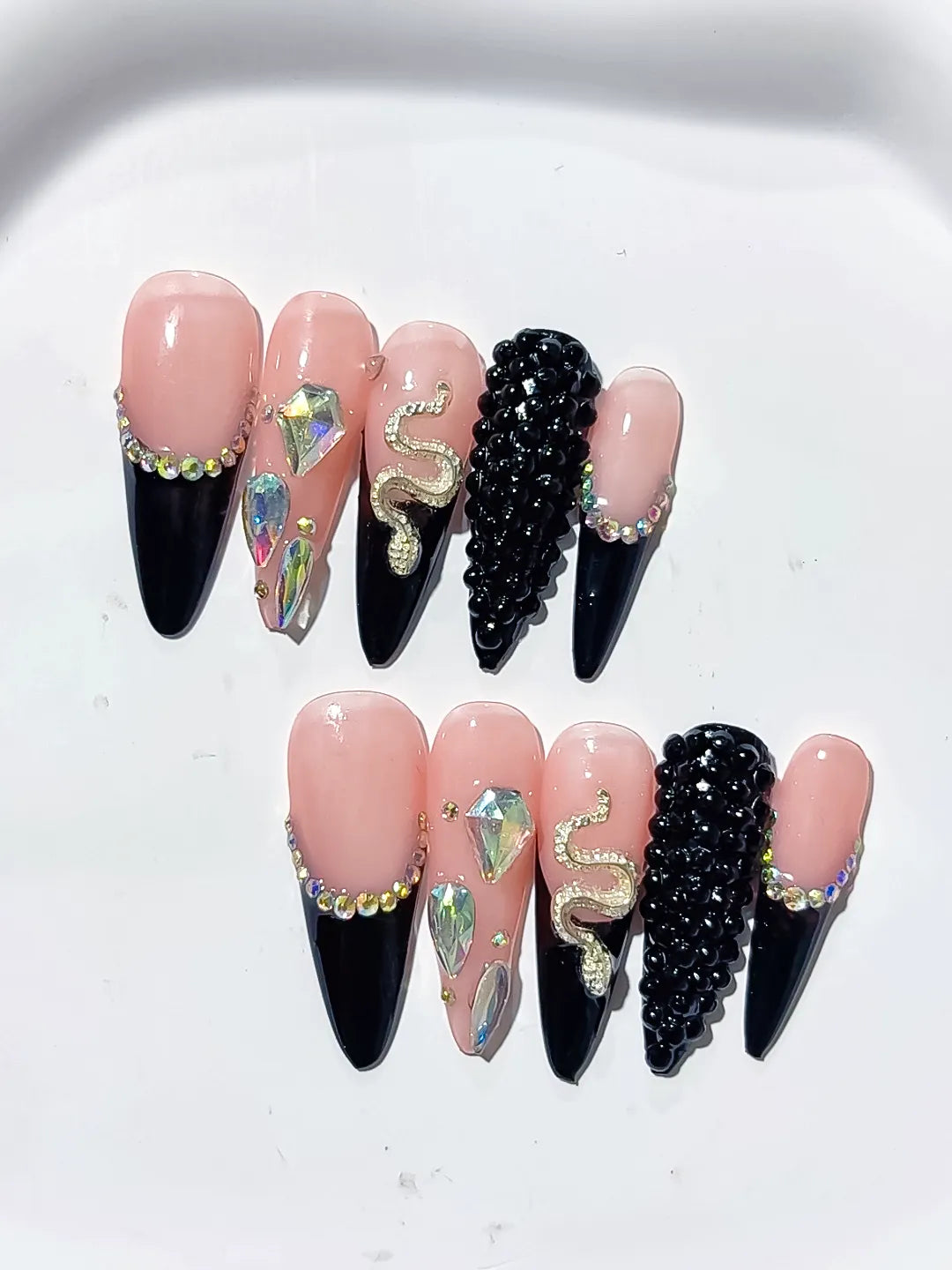 Long Nude Black Stiletto French tip Rhinestone Snake