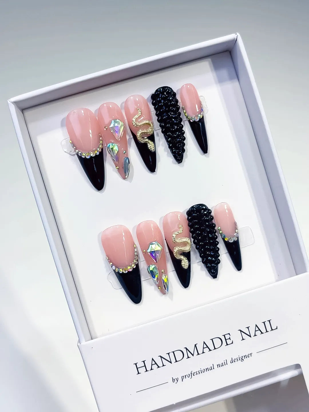 Long Nude Black Stiletto French tip Rhinestone Snake