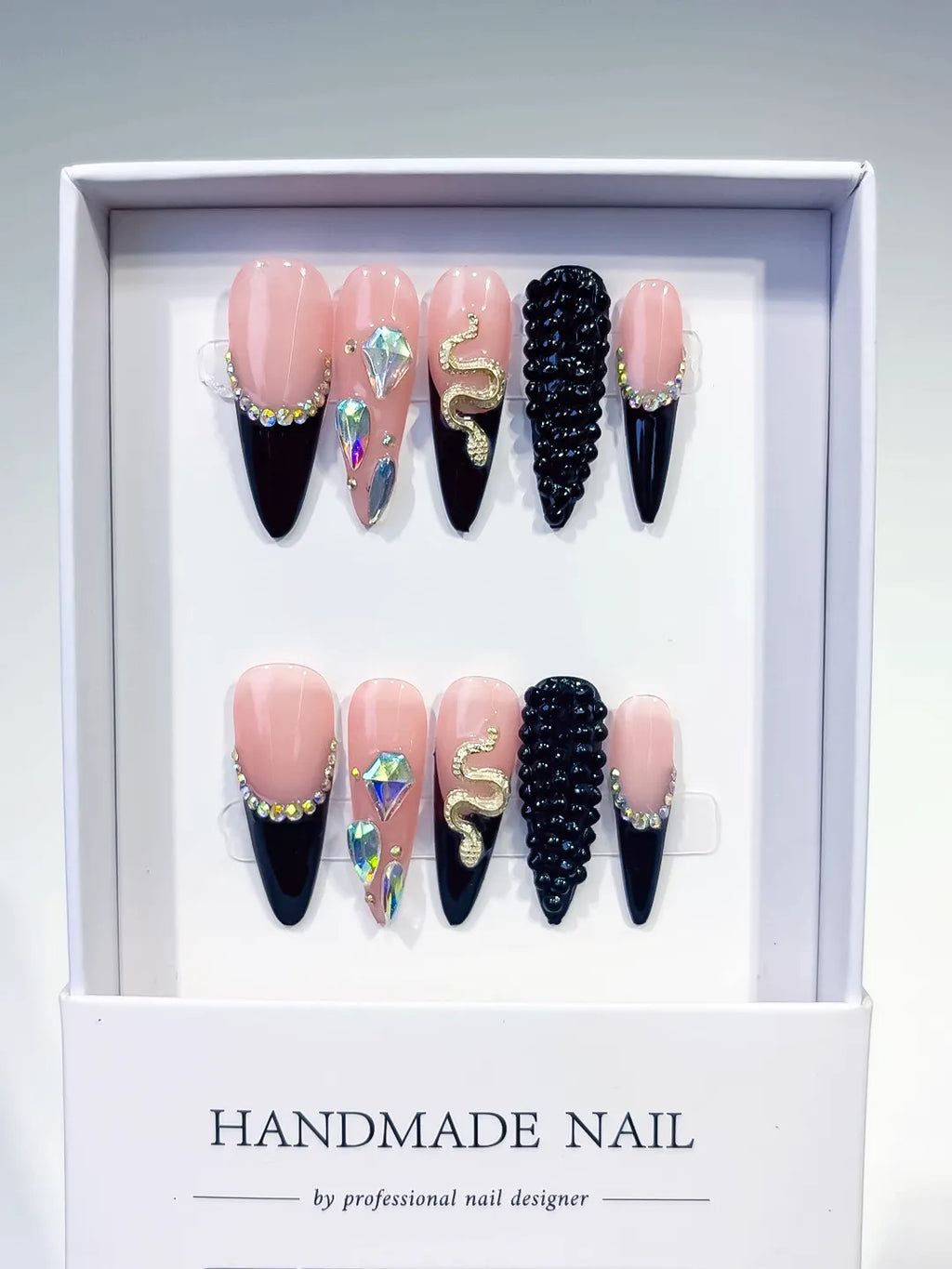 Long Nude Black Stiletto French tip Rhinestone Snake
