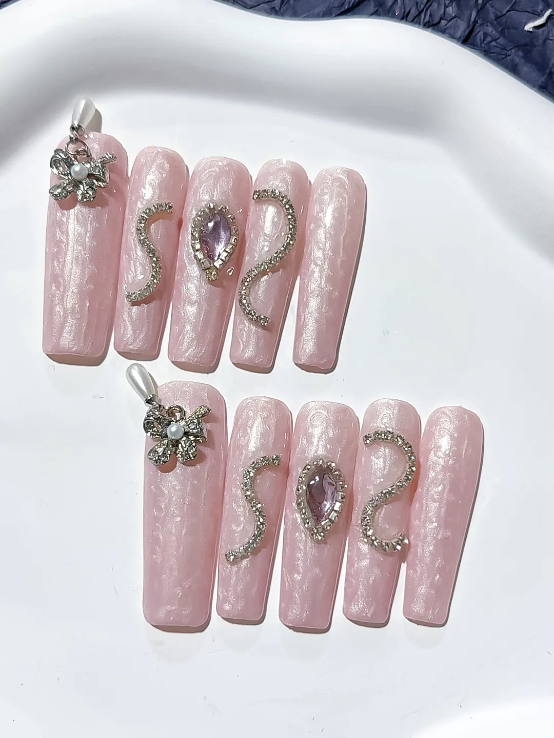 Long Pink Silver Square Holographic Flower Metallic Charm