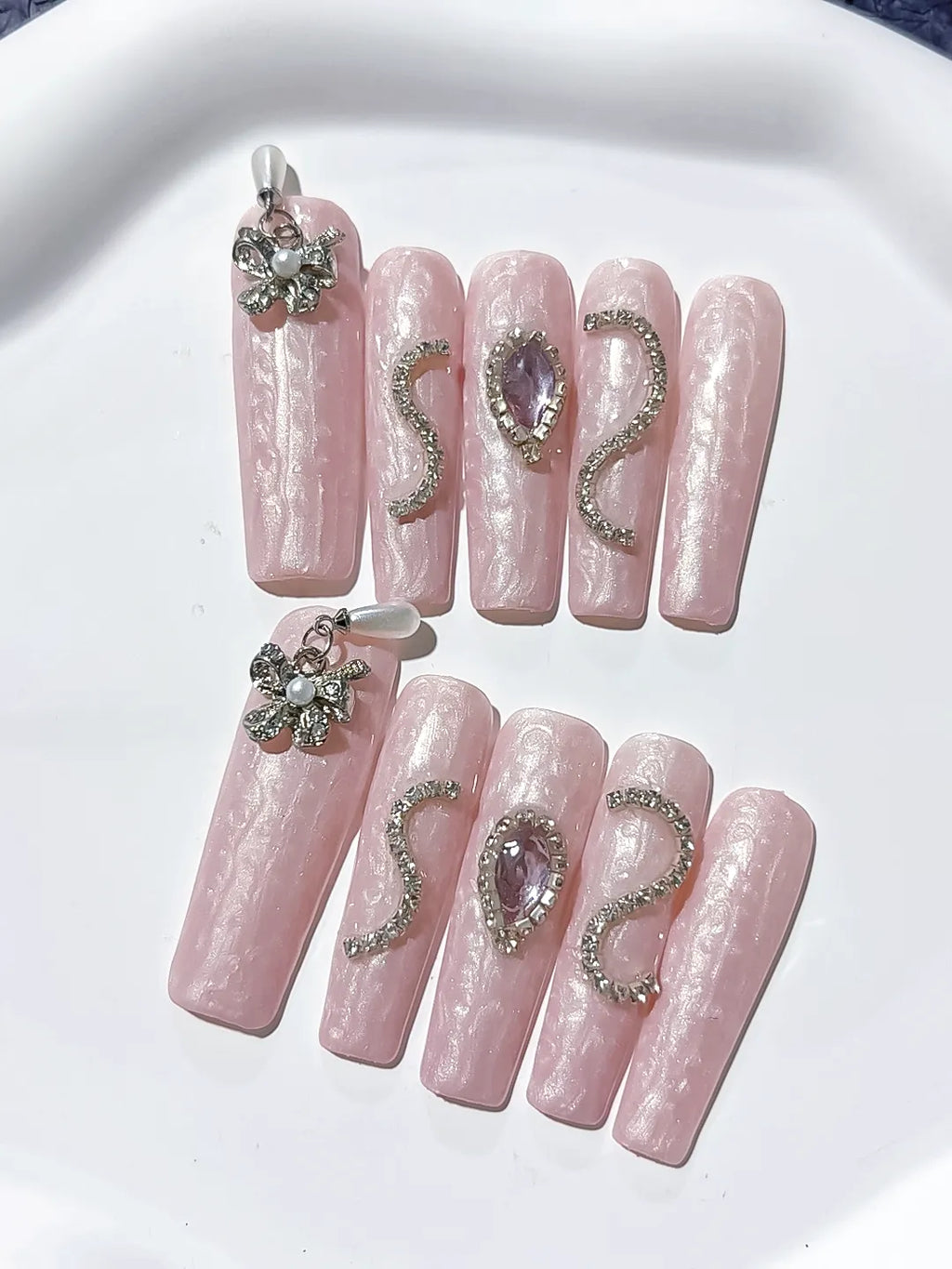 Long Pink Silver Square Holographic Flower Metallic Charm
