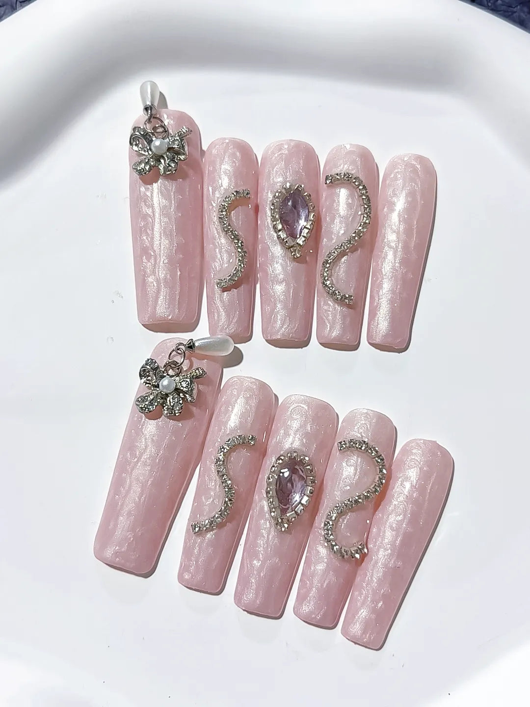 Long Pink Silver Square Holographic Flower Metallic Charm