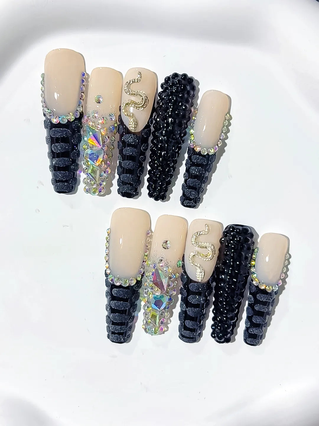 Long Nude Black Square French tip Rhinestone Snake