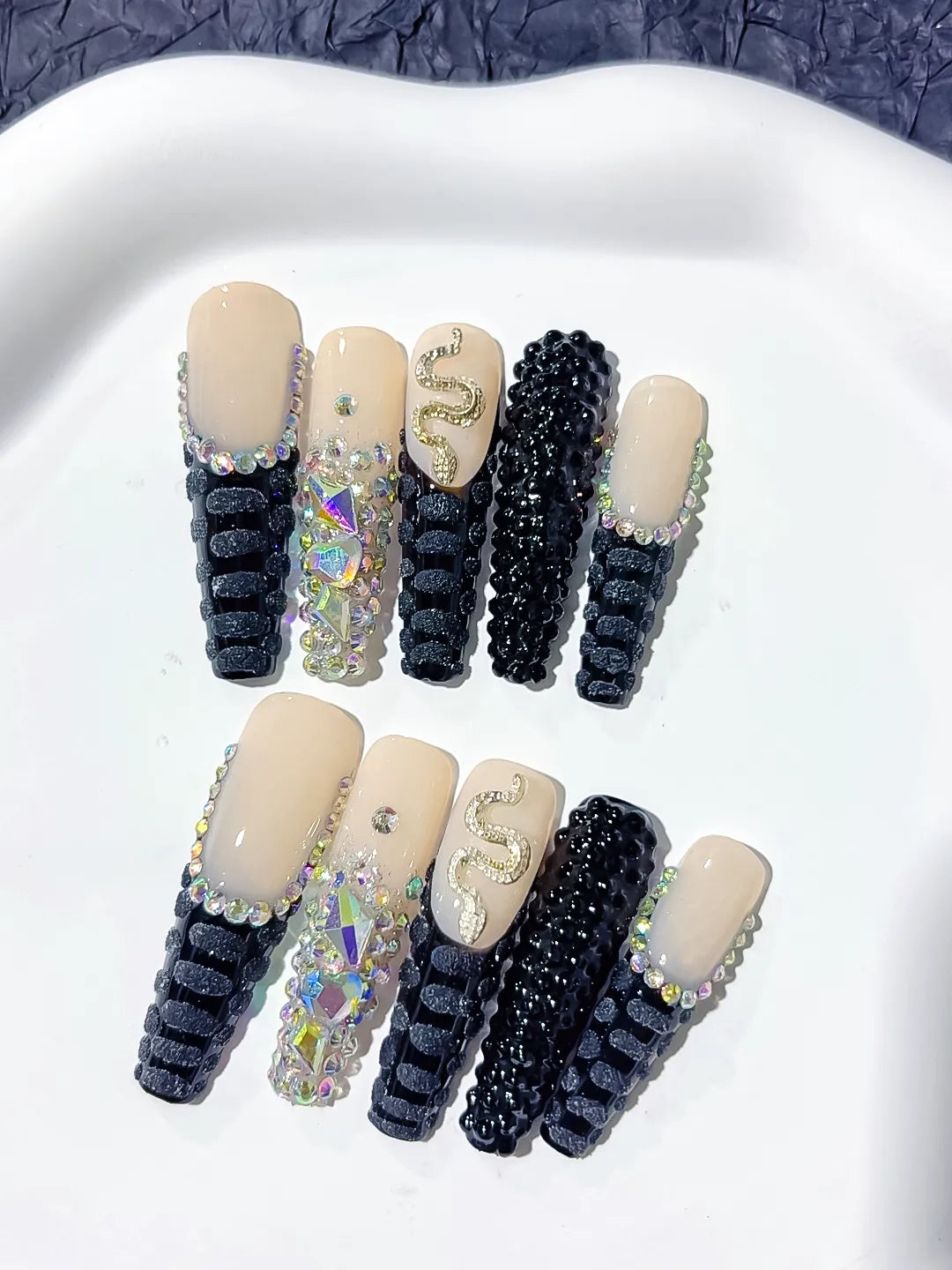 Long Nude Black Square French tip Rhinestone Snake