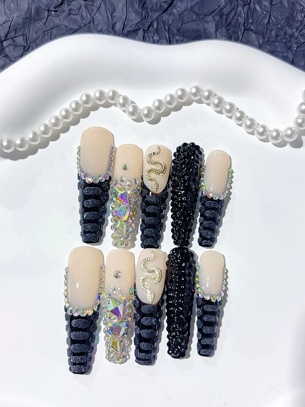 Long Nude Black Square French tip Rhinestone Snake