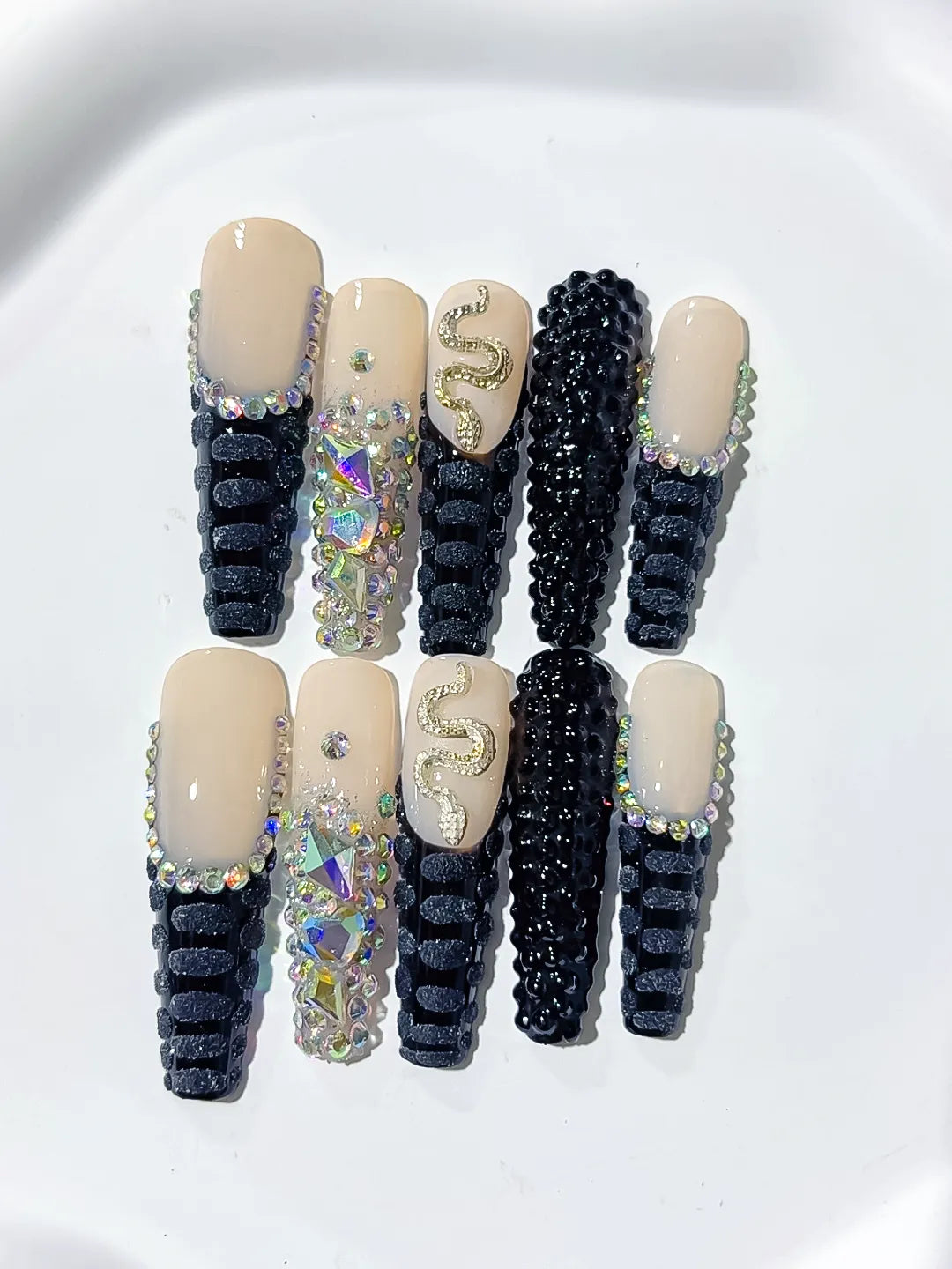 Long Nude Black Square French tip Rhinestone Snake