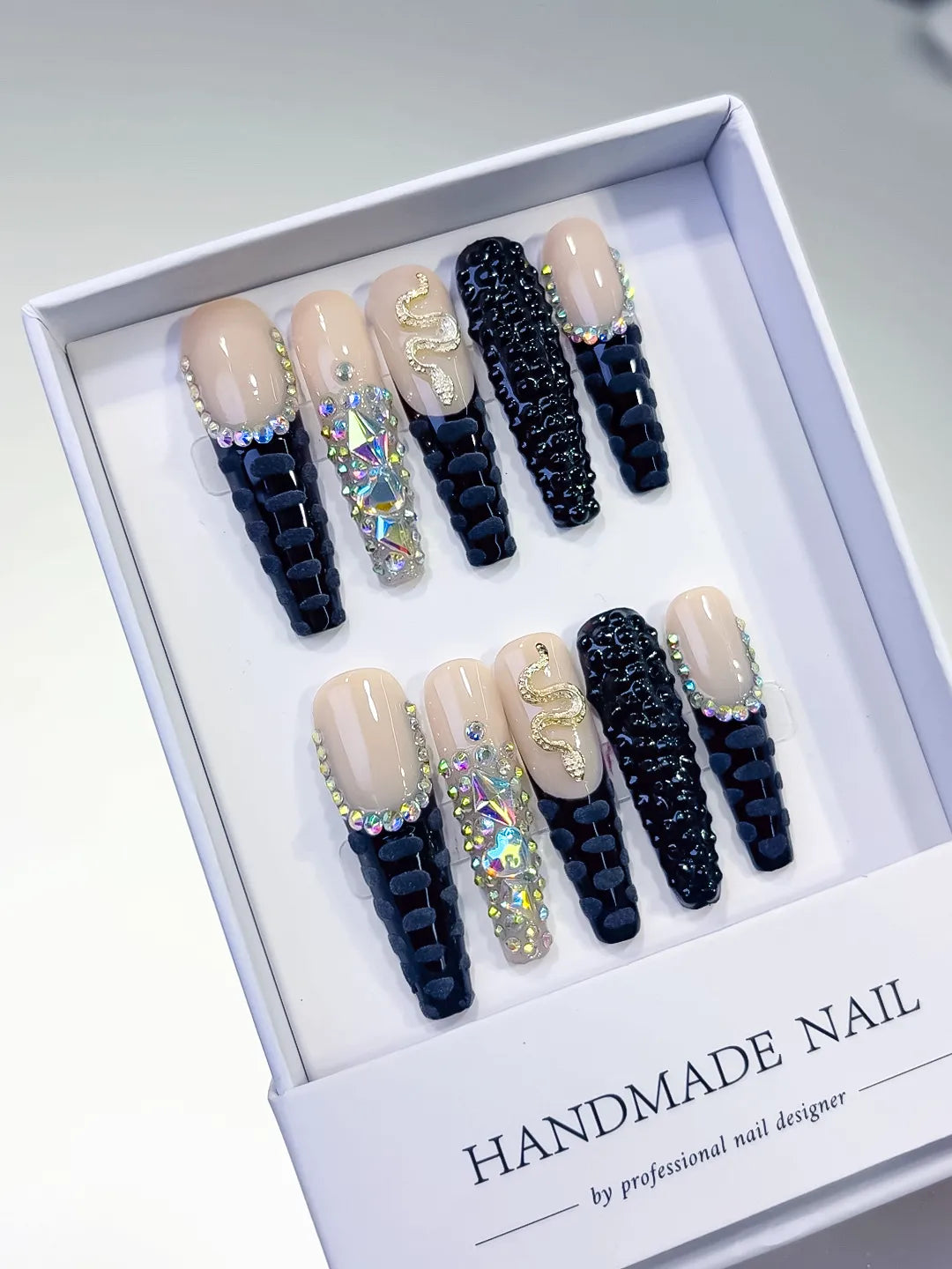 Long Nude Black Square French tip Rhinestone Snake