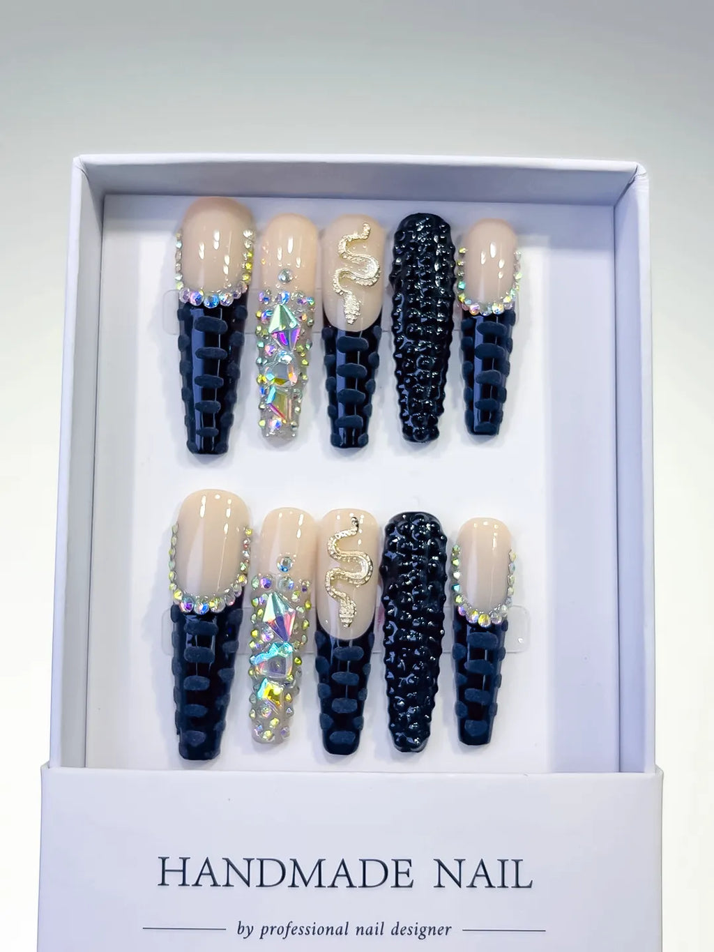 Long Nude Black Square French tip Rhinestone Snake