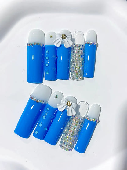 Long Blue White Square Solid color Bow Rhinestone