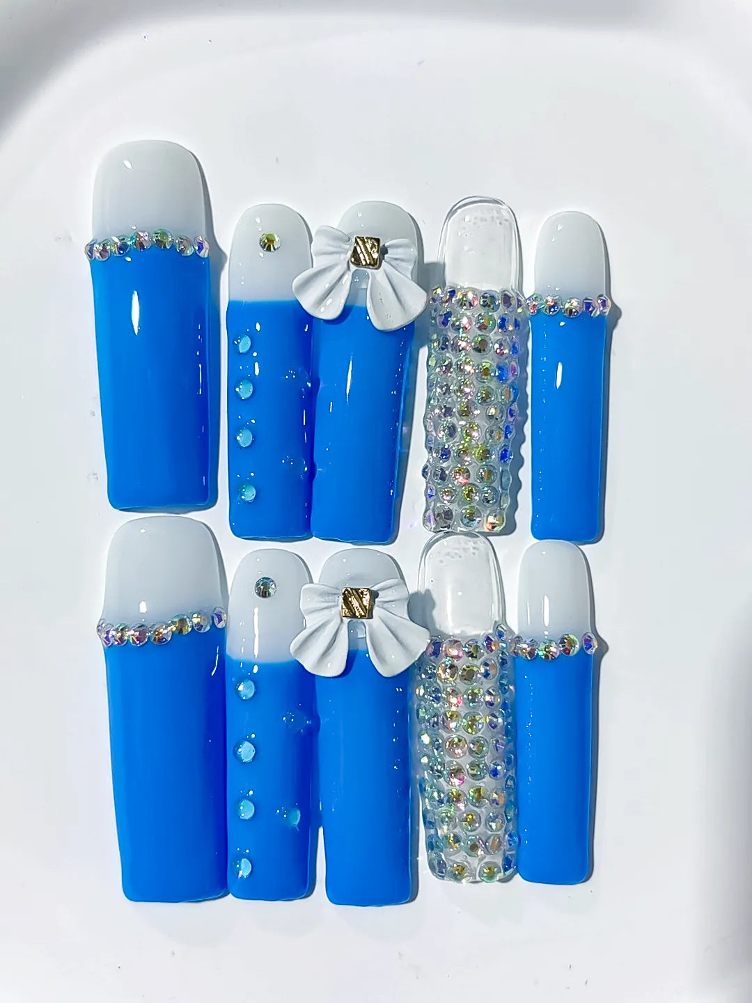 Long Blue White Square Solid color Bow Rhinestone