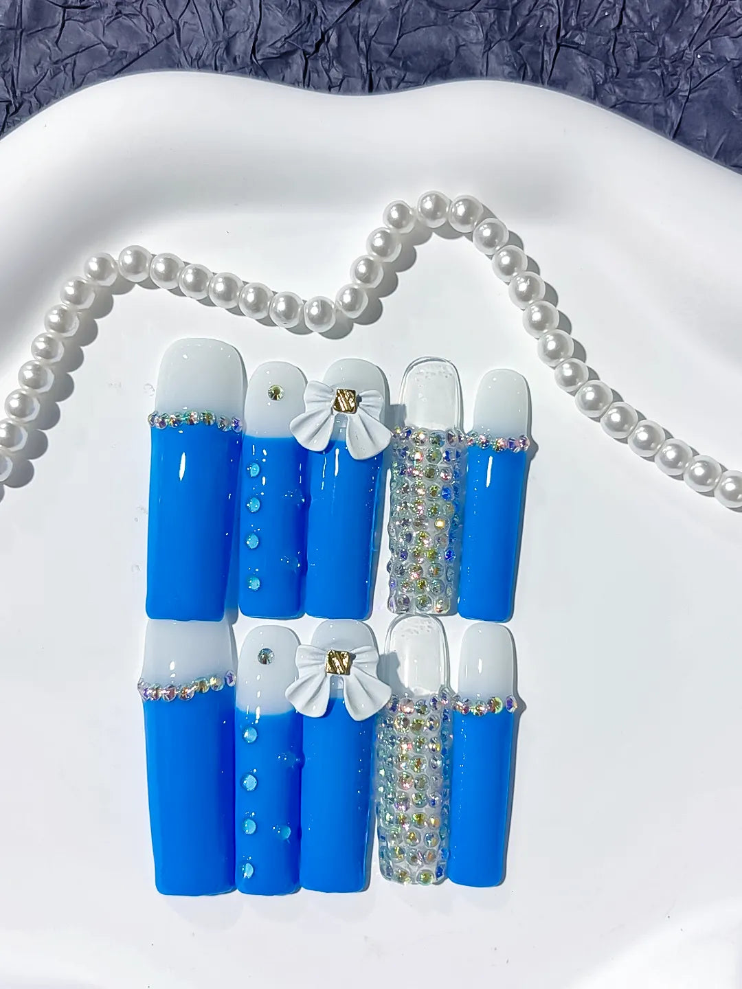 Long Blue White Square Solid color Bow Rhinestone
