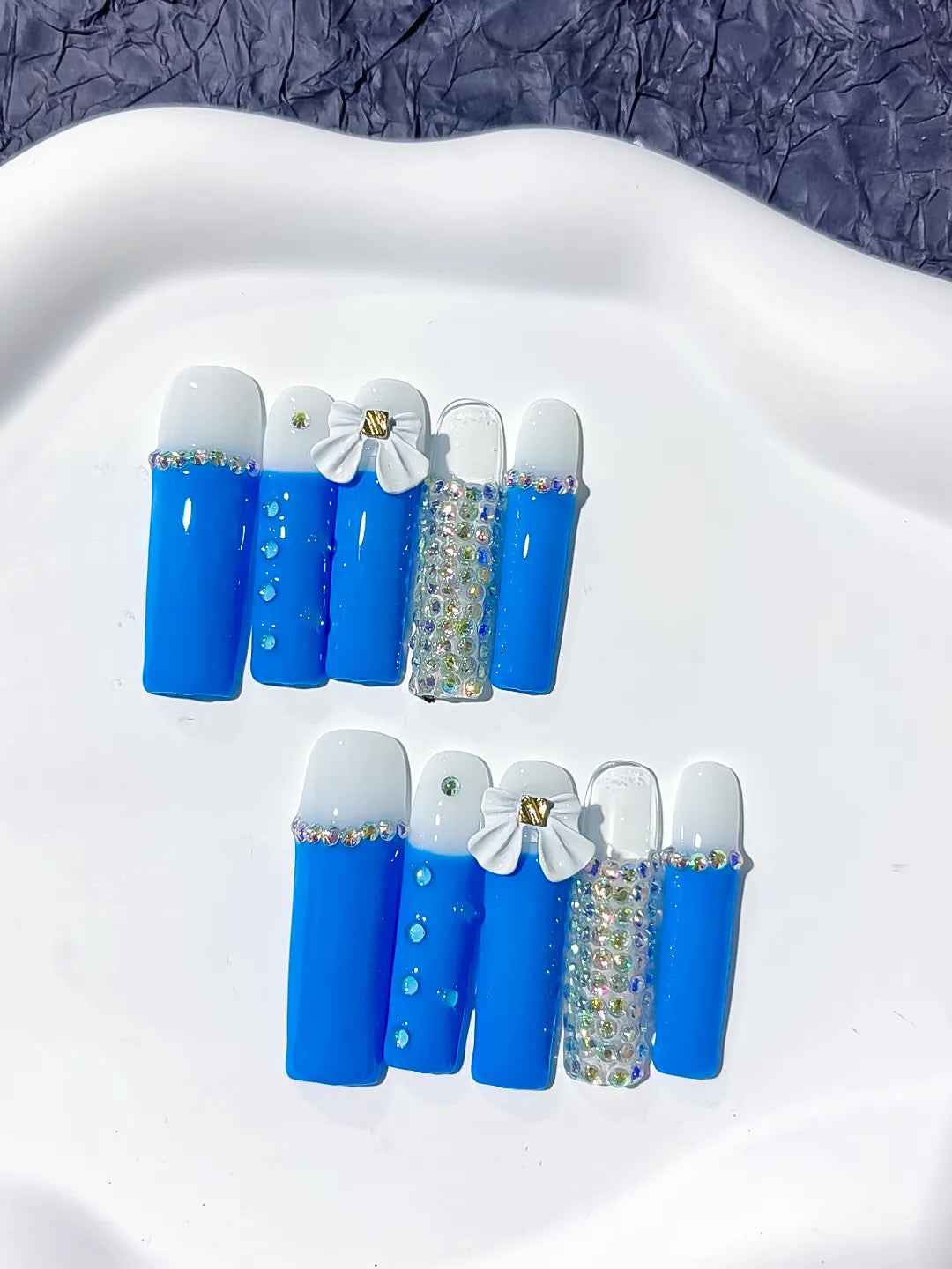 Long Blue White Square Solid color Bow Rhinestone