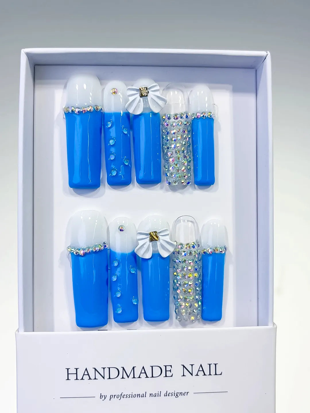 Long Blue White Square Solid color Bow Rhinestone