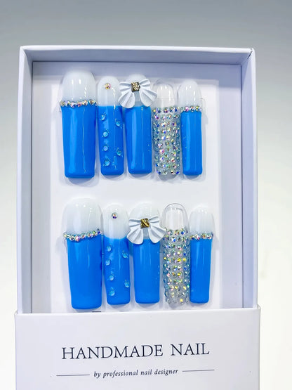 Long Blue White Square Solid color Bow Rhinestone