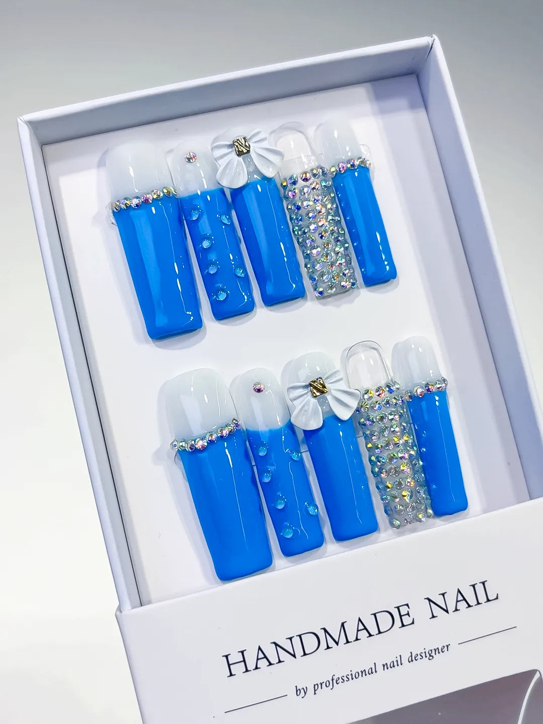 Long Blue White Square Solid color Bow Rhinestone