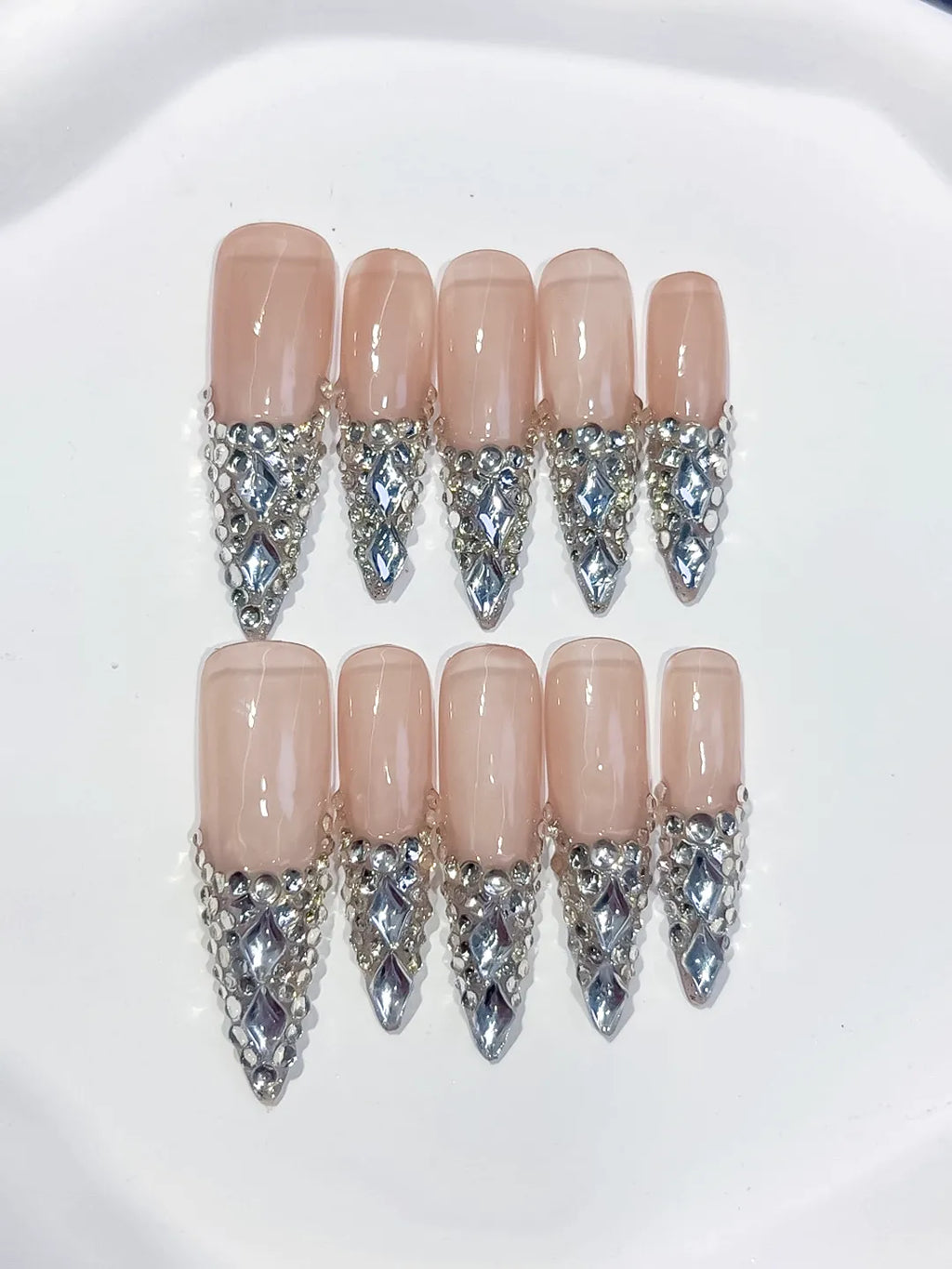 Long Nude Red Stiletto French tip Cherry Dot Pattern