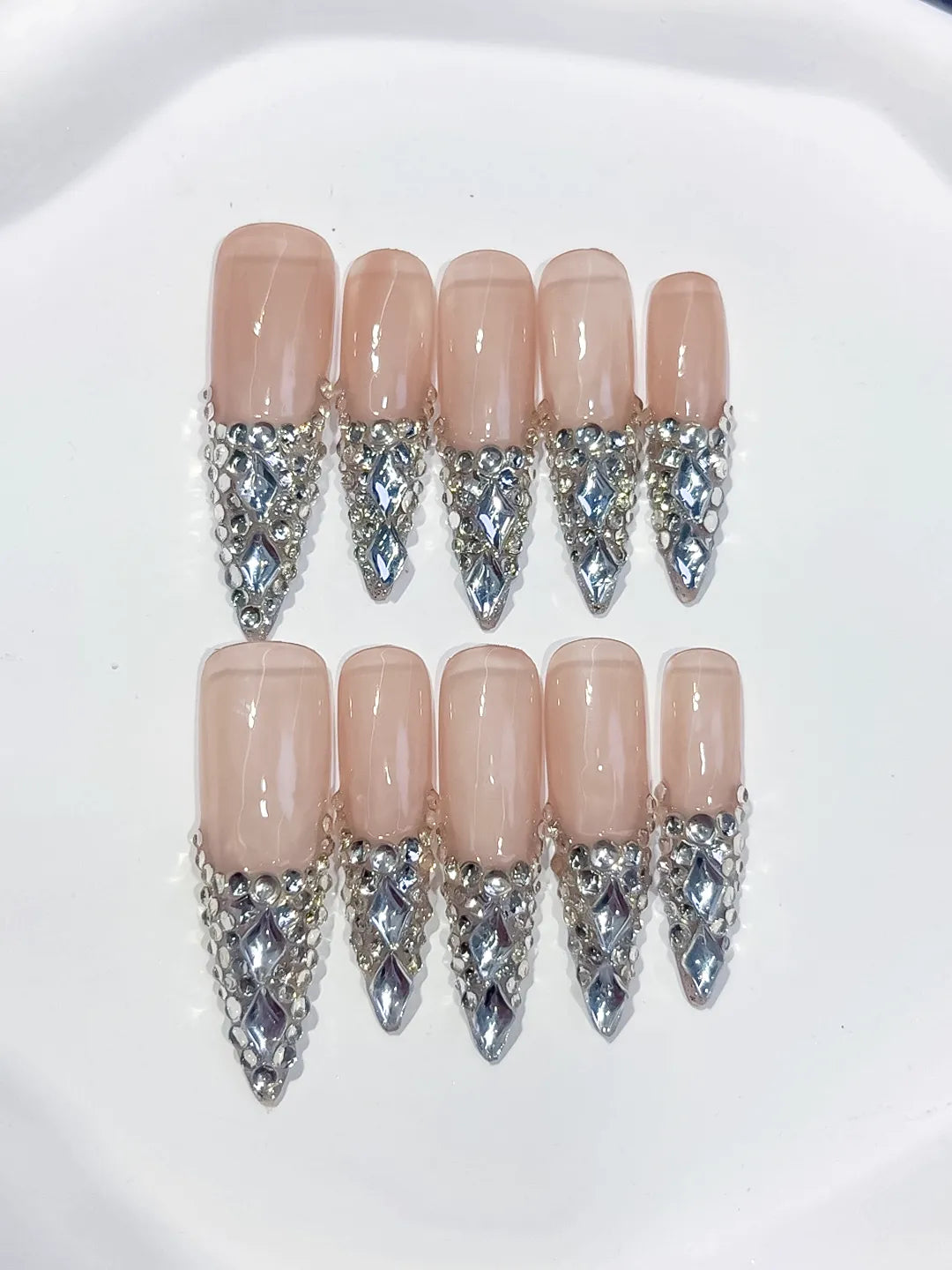 Long Nude Red Stiletto French tip Cherry Dot Pattern