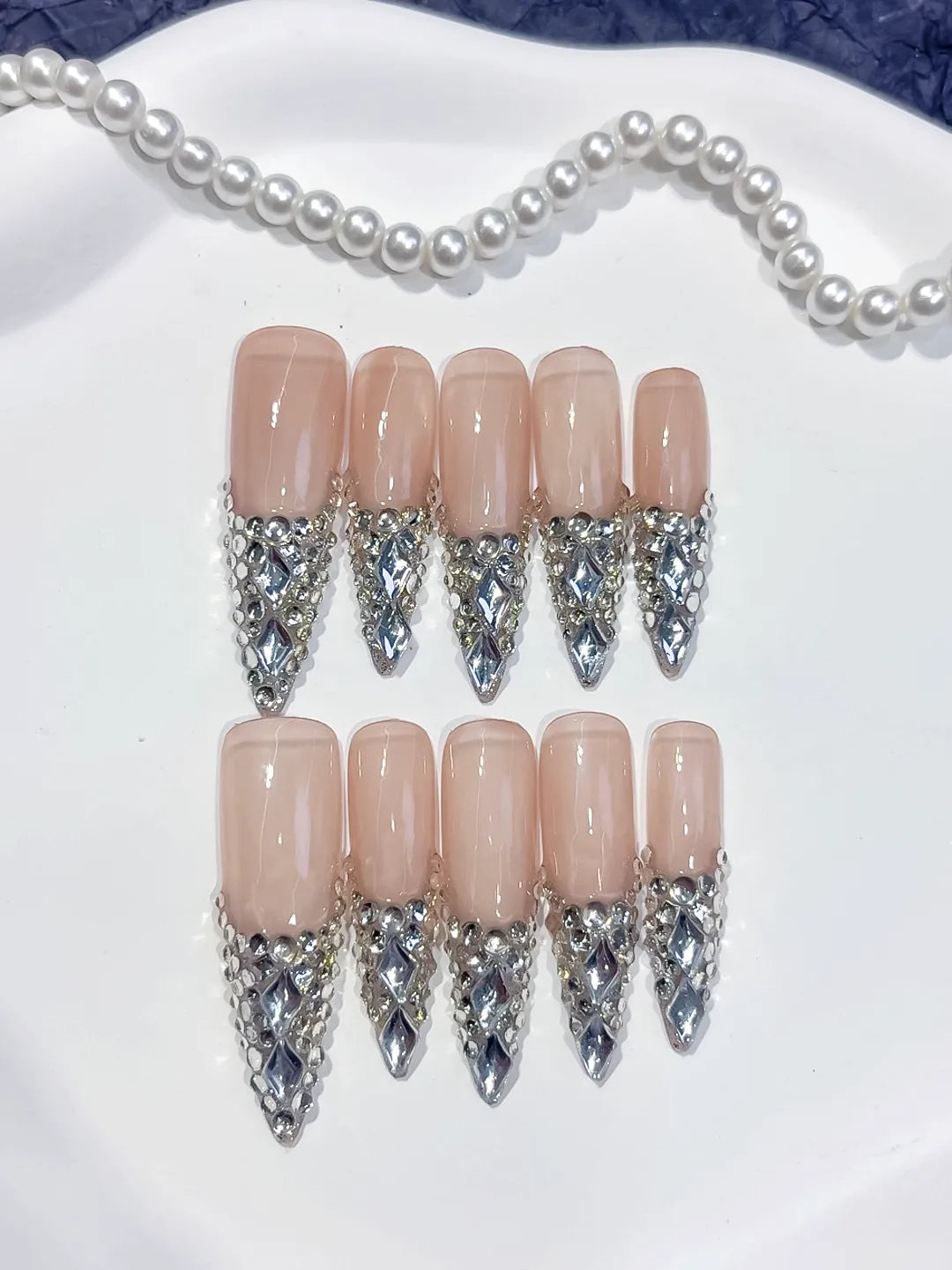 Long Nude Red Stiletto French tip Cherry Dot Pattern